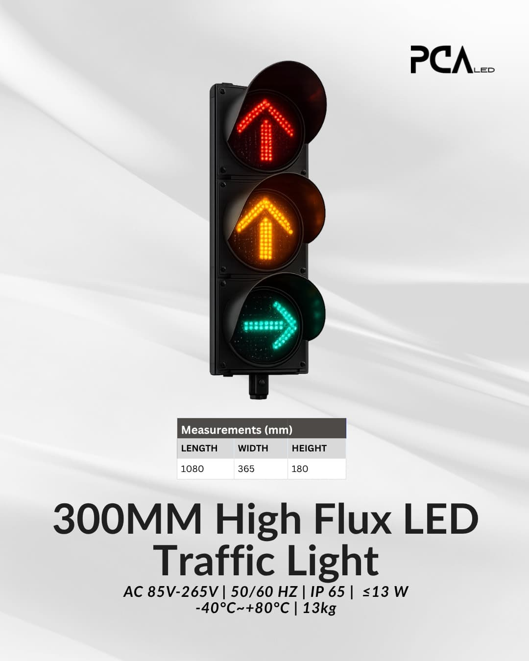 PCA Lighting 300mm high flux LED traffic light with red, amber and green signals
